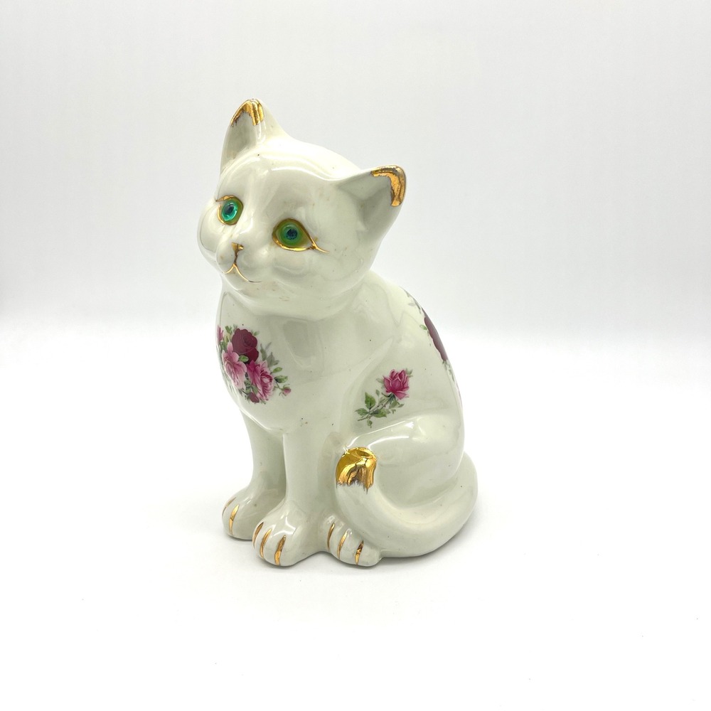 Porcelain Cat Victorian Rose‎ Formalities Baum Bros Gold Trim Green Eyes Floral